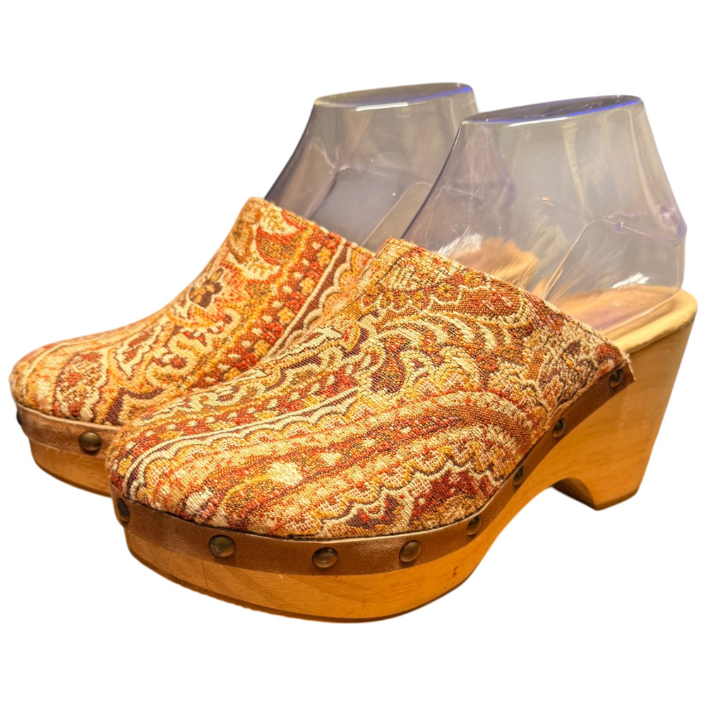 CORDANI Zorba Women's 8 Clog Tapestry Gold Rust Brown Studded Wooden Wedge Italy